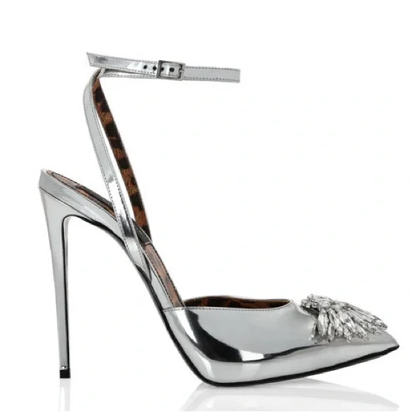Philipp Plein Mirror Leather Ankle Strap Brooch Heels